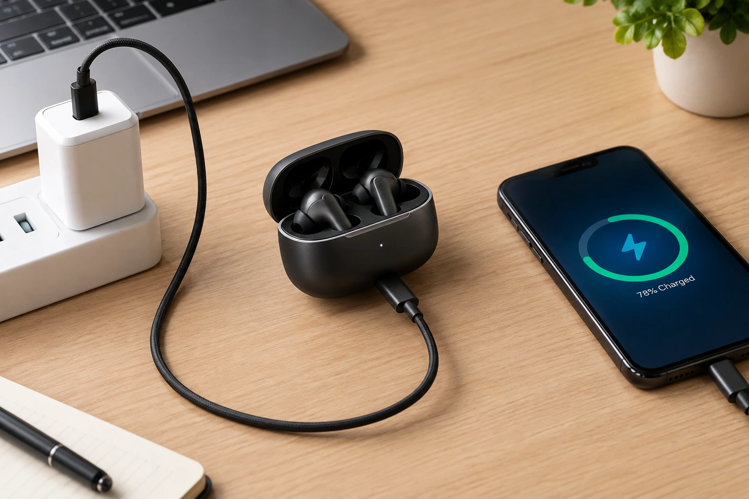 Wireless earbuds charging case and charging cable